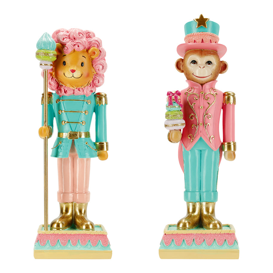 TimStor Pastel Lion Nutcracker Standing Christmas Decoration (32 cm) – Whimsical Lion Soldier with Pink Curly Mane in Mint Green Jacket with Gold Staff