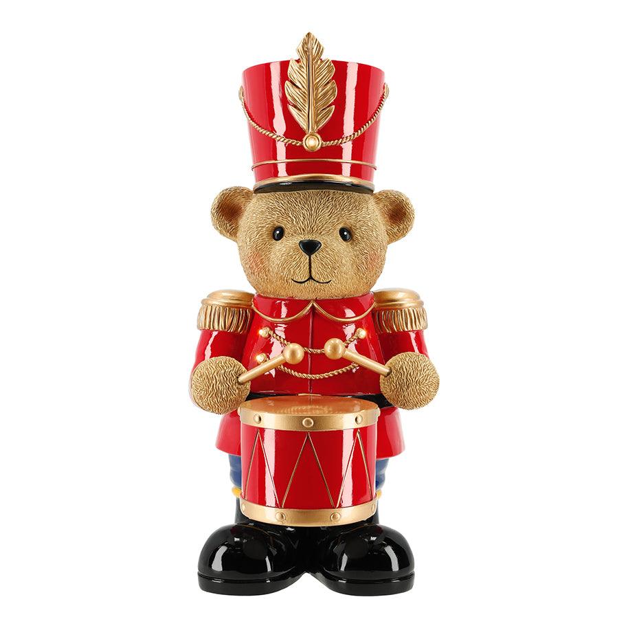 TimStor LED Christmas Nutcracker Drummer Bear Polyresin Tabletop Decoration (46 cm) – Battery-Operated Illuminated Soldier Bear with Red & Gold Drum