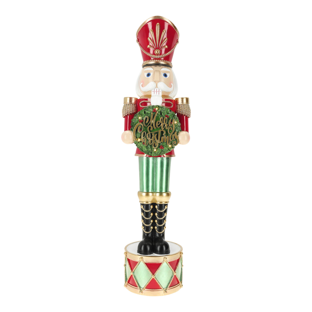 TimStor 93cm LED Merry Christmas Nutcracker Soldier Statement Figurine – Battery-Operated Guard Holding Illuminated Wreath on Drum Pedestal Base
