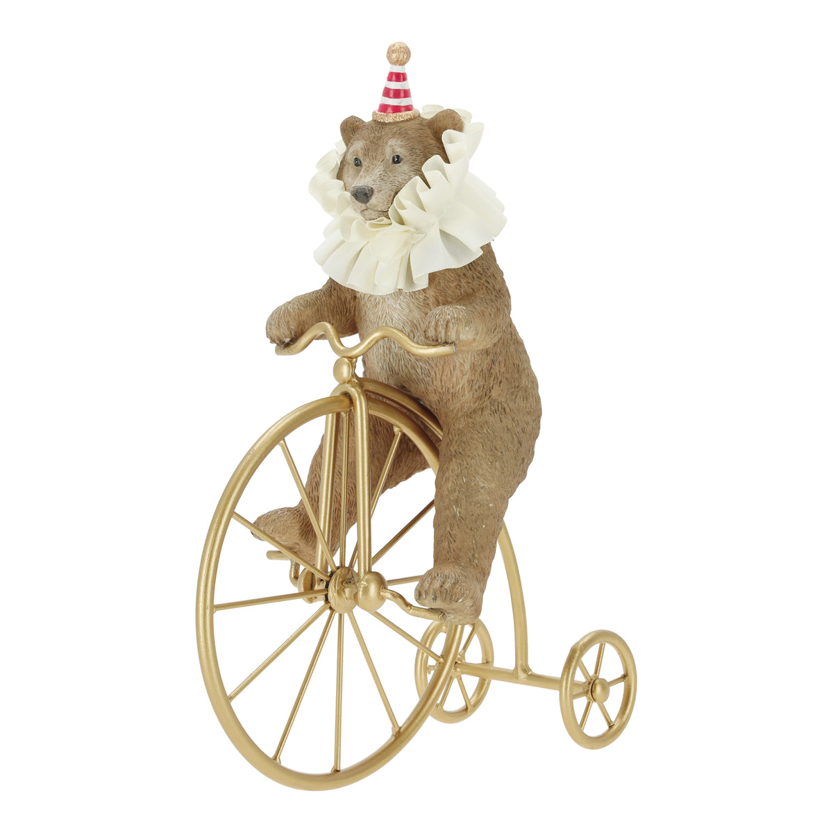 TimStor Christmas Circus Bear on Bicycle Polyresin Decoration (25.5 cm) – Vintage Bear on Gold Penny-Farthing Bicycle in Party Hat & Ruffled Collar