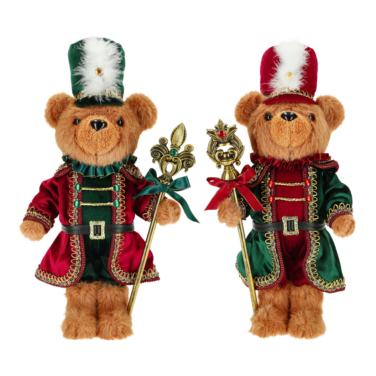 TimStor 40cm Luxury Christmas Plush Bear Soldier Statement Figurine – Dressed Teddy Bear in Burgundy Velvet Coat, Forest Green Feathered Hat & Gold Staff