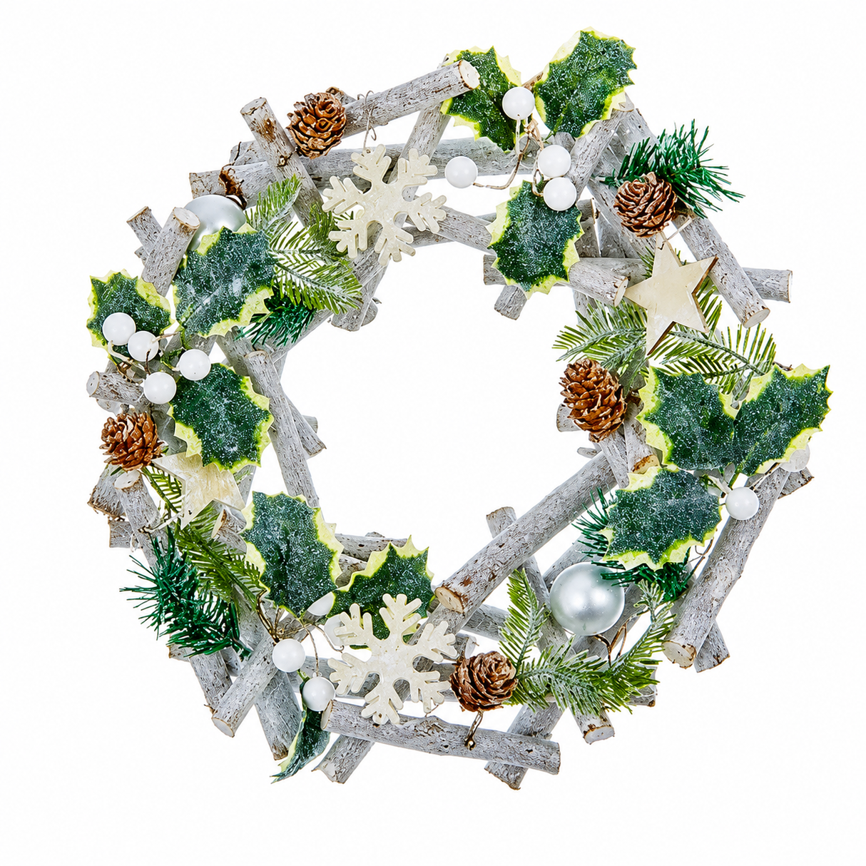 30cm Natural Green Christmas Wreath with Holly & Pine Cones