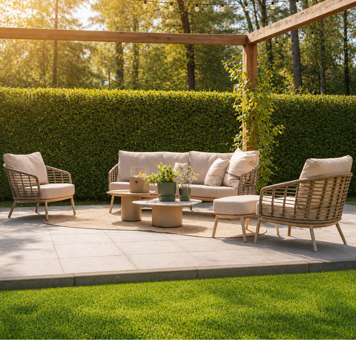 4 Seasons Outdoor Puglia Lounge LUX Set in Latte with 3 Seater Sofa, Chairs, Footstool & Tables
