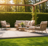 4 Seasons Outdoor Puglia Lounge LUX Set in Latte with 3 Seater Sofa, Chairs, Footstool & Tables