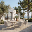 4 Seasons Outdoor Eva 6-seat metal dining set with Manolo 180cm ceramic barrel dining table, outdoor furniture for patio dining