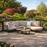 4 Seasons Outdoor Piacenza modular lounge set with matching Monroe coffee tables in Terre finish, metal furniture for outdoor seating.