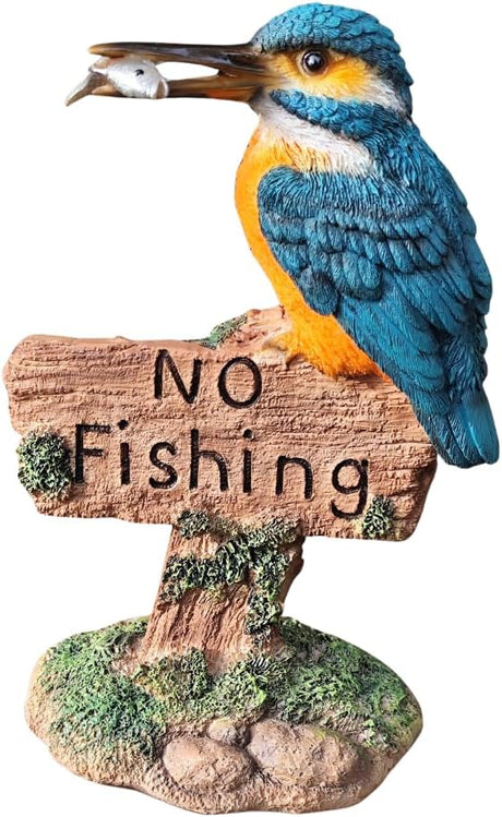 Vivid Arts Kingfisher resin ornament on no fishing sign, decorative home gift featuring colorful bird design and nature theme.