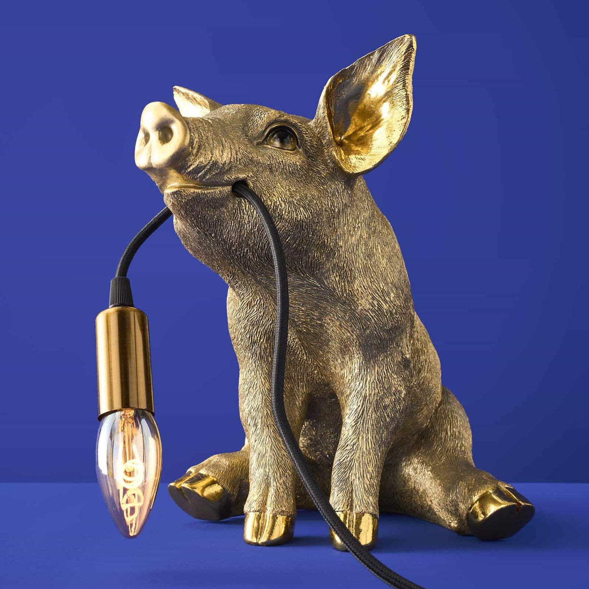 Gold WERNS® Piggy Pig table lamp by Werner Vob, featuring a luxurious designer pig shape for stylish indoor lighting.