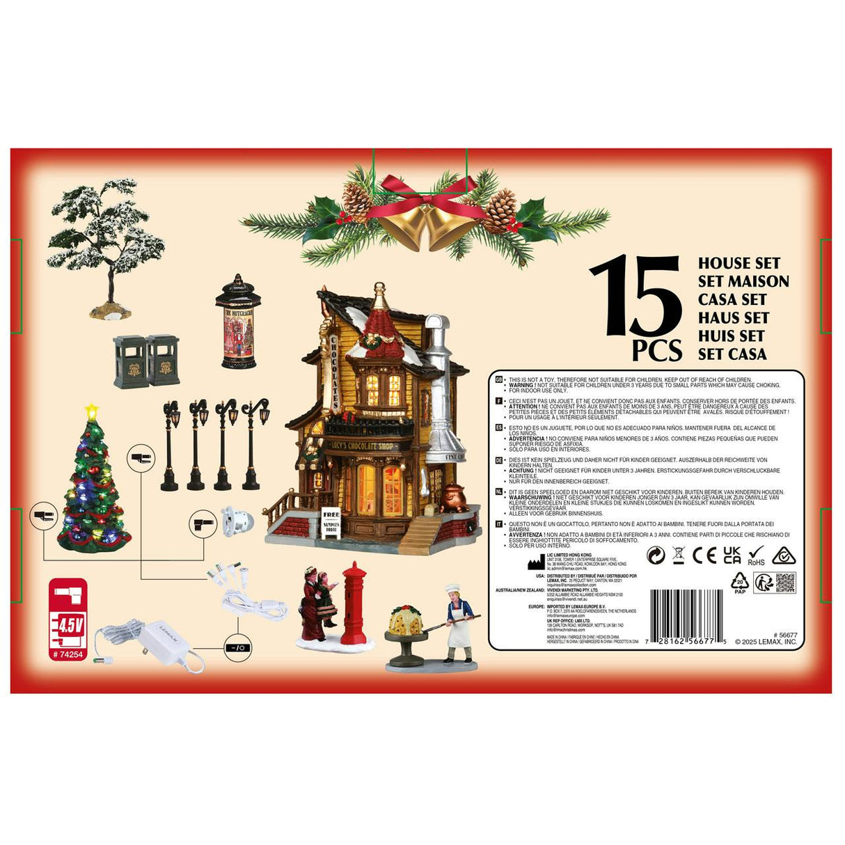 Lemax Christmas village house set featuring Lucy’s Chocolate Shop with white building and 550mA adaptor, detailed holiday display.