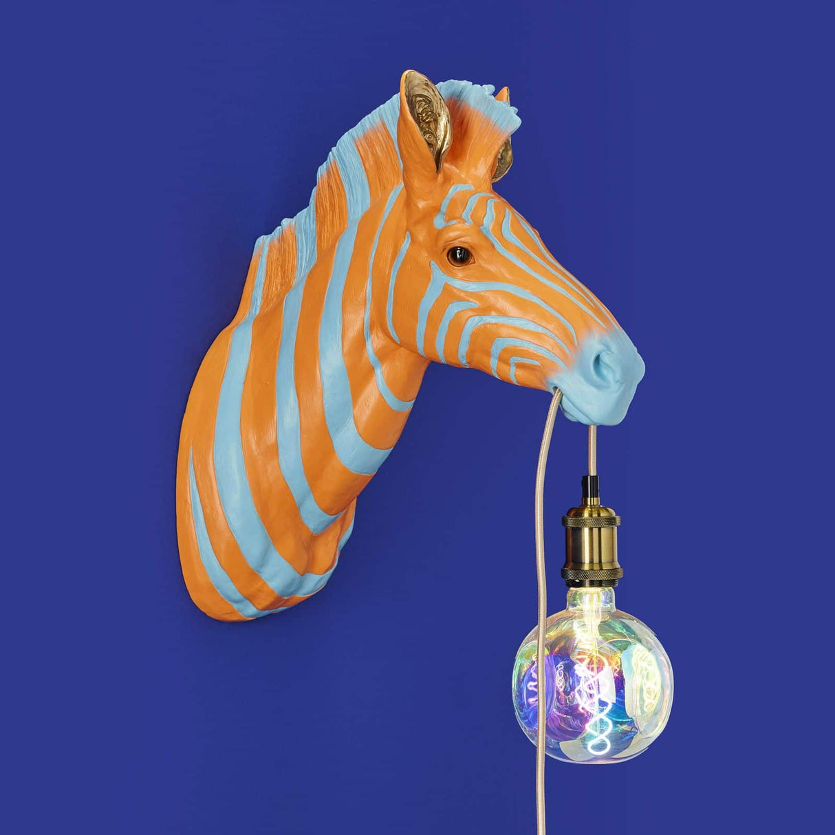 Blue and orange zebra wall lamp by Werner Vob, modern zebra-shaped indoor lighting fixture for stylish home decor.
