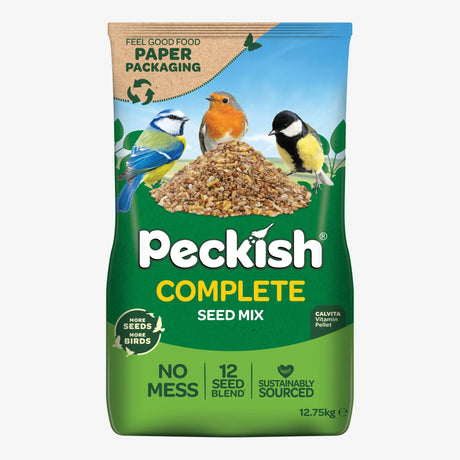 Peckish Complete Seed Mix for wild birds in 12.75kg bag, no mess bird food, ideal for wild bird care and feeding.