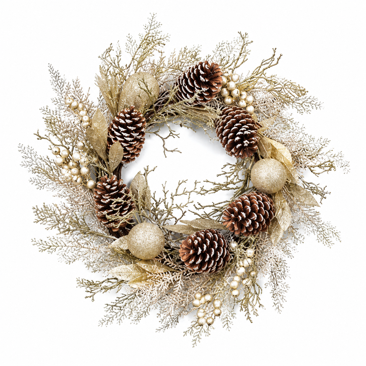 60cm Champagne Gold Pre-Decorated Christmas Wreath – Glitzy Pine Cones & Baubles