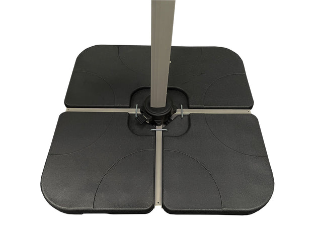 Hartman 4-piece resin water-filled cantilever parasol base with handle and wheels, suitable for outdoor patio umbrellas.