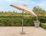 Kettler 3m wind-up grey parasol with auto tilt, stone canopy, night cover, and sturdy grey frame for outdoor shading.