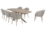 4 Seasons Outdoor Eva 6-seat metal dining set with Manolo 180cm barrel ceramic table in latte finish, outdoor furniture for dining.