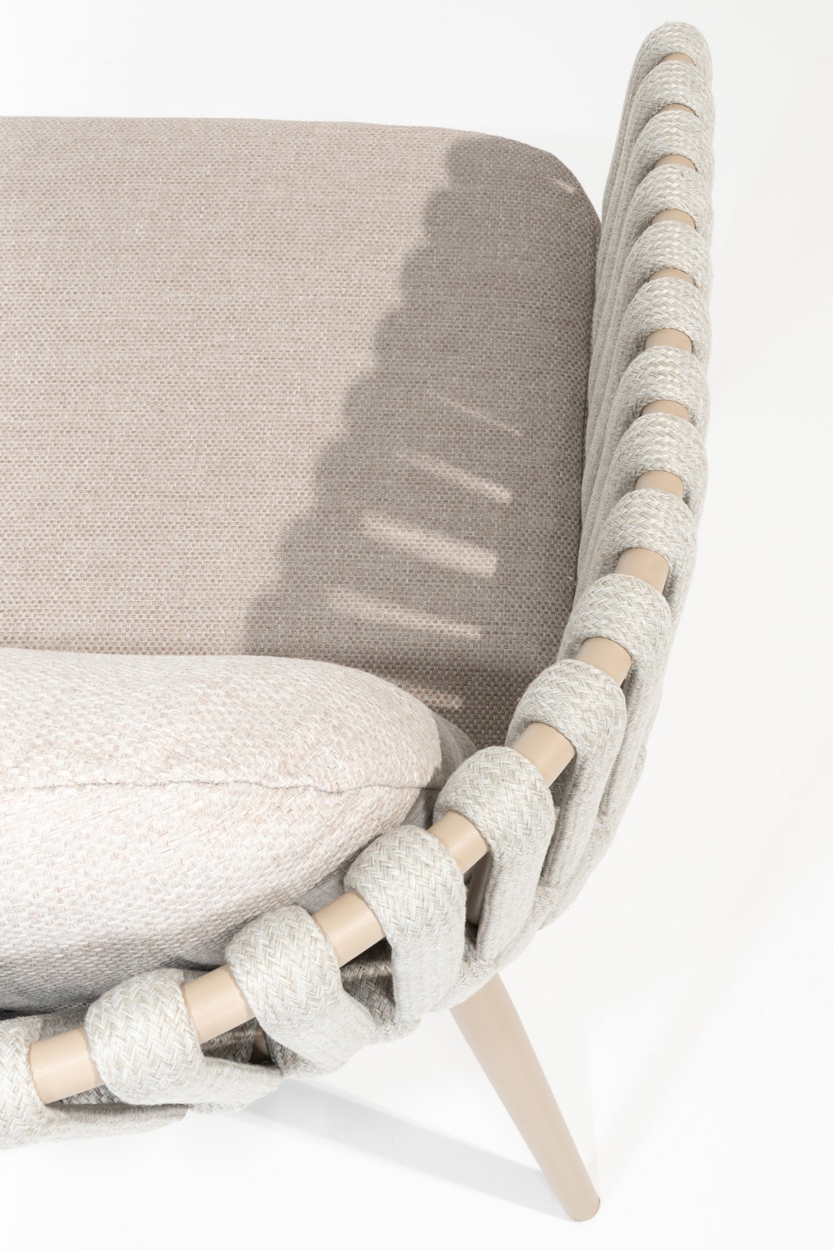 4 Seasons Outdoor Eva 6-seat metal dining set with Manolo 180cm barrel ceramic table and latte-colored chairs with cushions.