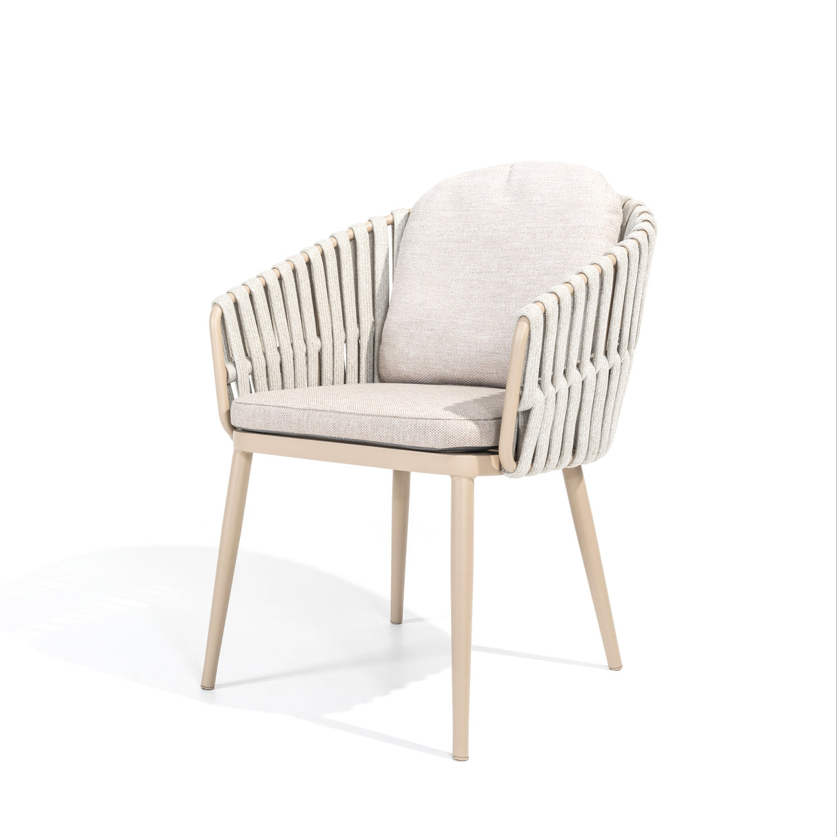 4 Seasons Outdoor Eva 6-seat metal dining set with Manolo 180cm barrel ceramic table and latte-colored dining chairs with cushions.