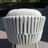 4 Seasons Outdoor Eva 6-seat metal dining set with Manolo 180cm ceramic table, latte-colored chairs and cushions, outdoor furniture