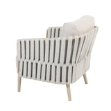 4 Seasons Outdoor Eva lounge set with two Monroe coffee tables, featuring a latte-colored metal frame and cushioned seating.