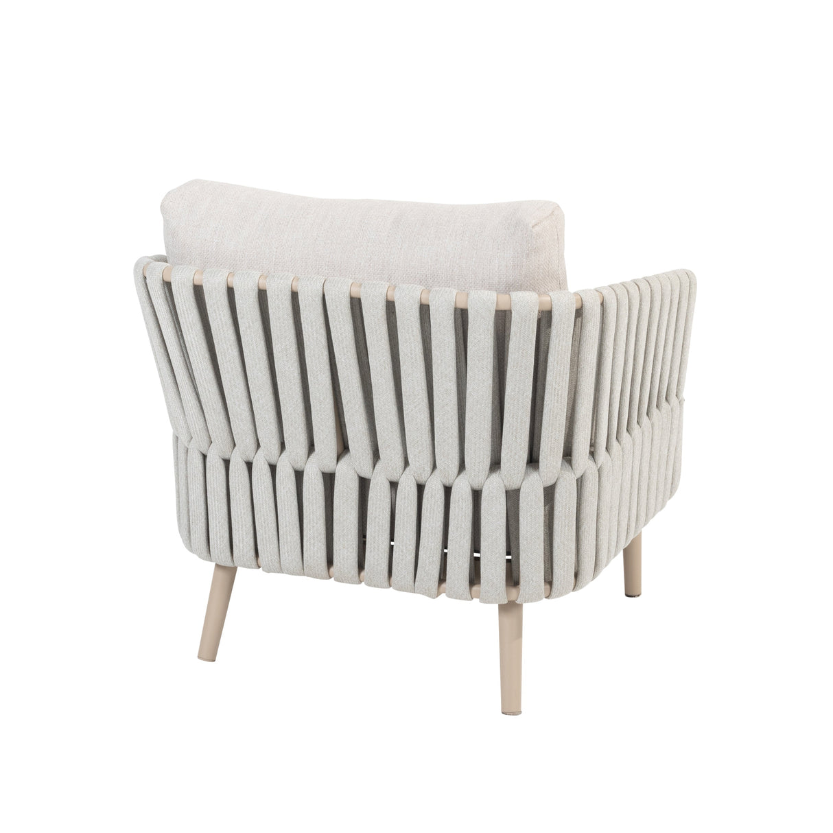 4 Seasons Outdoor Eva lounge set with two Monroe coffee tables, featuring a latte-colored metal sofa with cushions and a gentle support table.