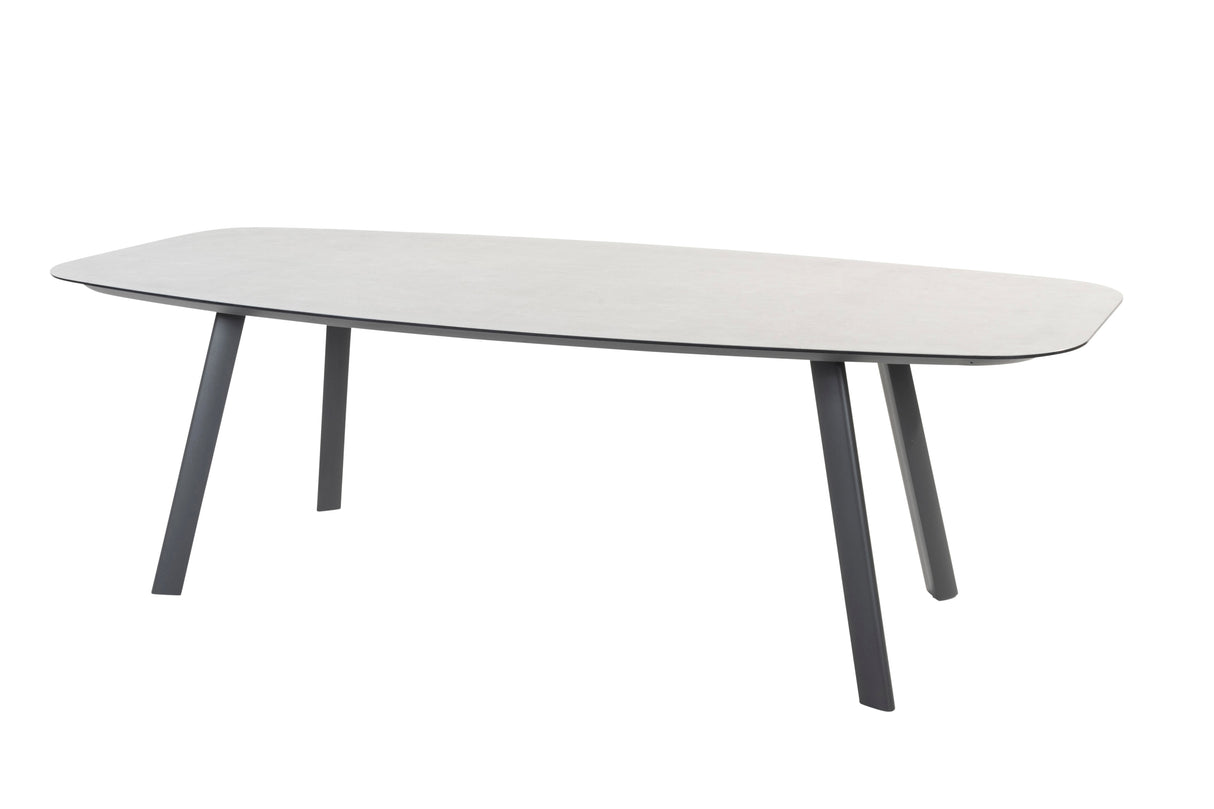 4 Seasons Outdoor Piacenza 6-seat dining set with Manolo 180cm barrel ceramic top table in anthracite metal finish.