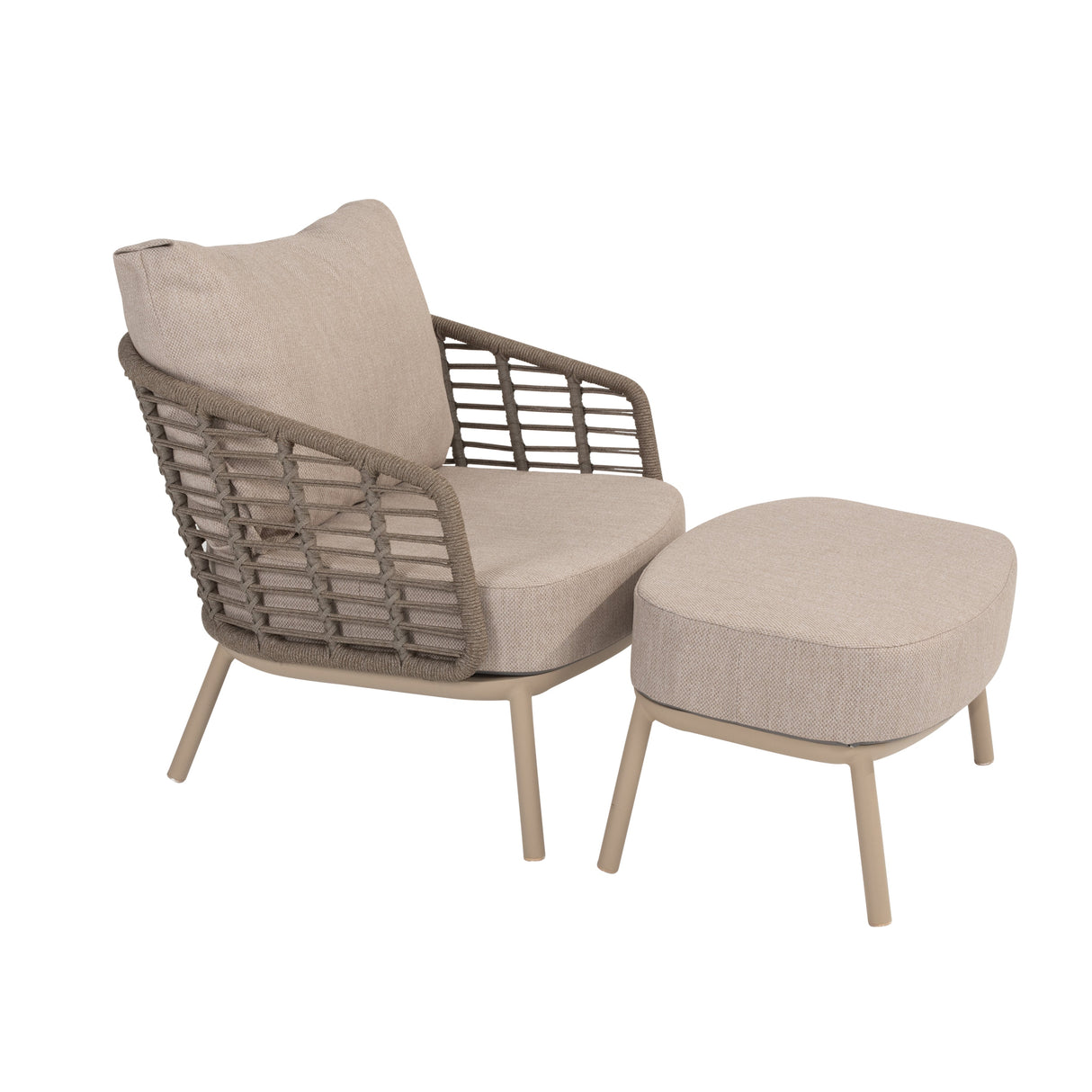 4 Seasons Outdoor Puglia Lounge LUX Set in Latte, featuring a 3-seater sofa, chairs, footstool, and tables in a cozy setting.