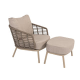 4 Seasons Outdoor Puglia Lounge LUX Set in Latte, featuring a 3-seater sofa, chairs, footstool, and tables in a cozy setting.