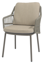 A 4 Seasons Outdoor Alicante dining set featuring a round Manolo 75cm table with metal chairs and cushions for outdoor dining.