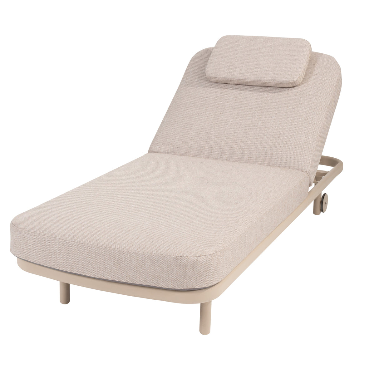 4 Seasons Outdoor Milano sunbed in latte color with cushion and headrest, outdoor metal furniture for relaxing lounging.