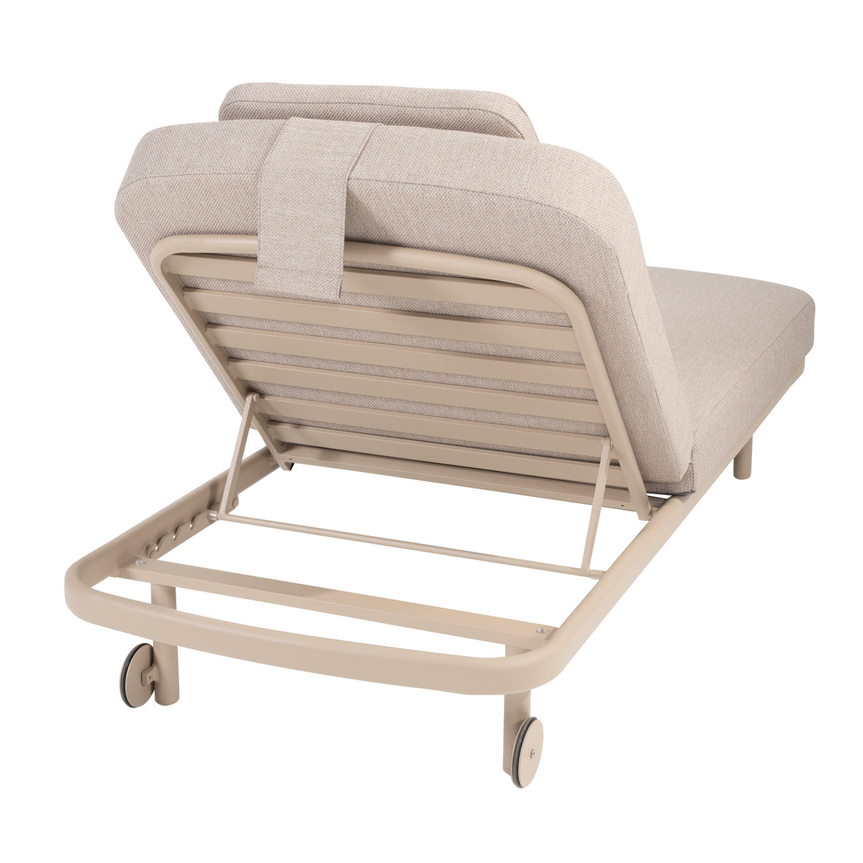 4 Seasons Outdoor Milano sunbed in latte color with cushion and headrest, modern metal outdoor furniture for relaxing outdoor space.