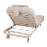 4 Seasons Outdoor Milano sunbed in latte color with cushion and headrest, modern metal outdoor furniture for relaxing outdoor space.