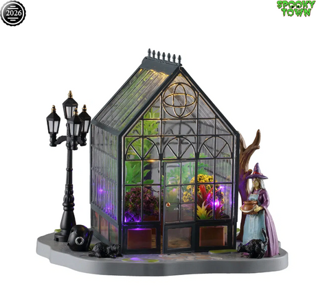 Lemax Spooky Town Agatha's Greenhouse tabletop accent with spooky, detailed greenhouse scene in green and black colors.