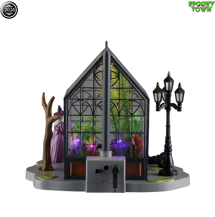 Lemax Spooky Town Agatha's Greenhouse tabletop accent with spooky, detailed greenhouse design for Halloween display.