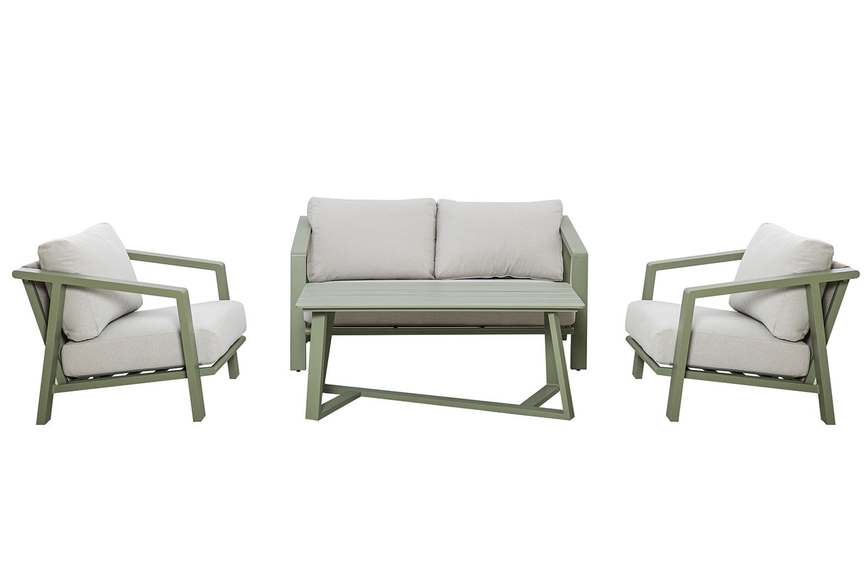 Hartman Alora 2-seat lounge set in sage aluminum with woven rope design, perfect for outdoor garden relaxation.