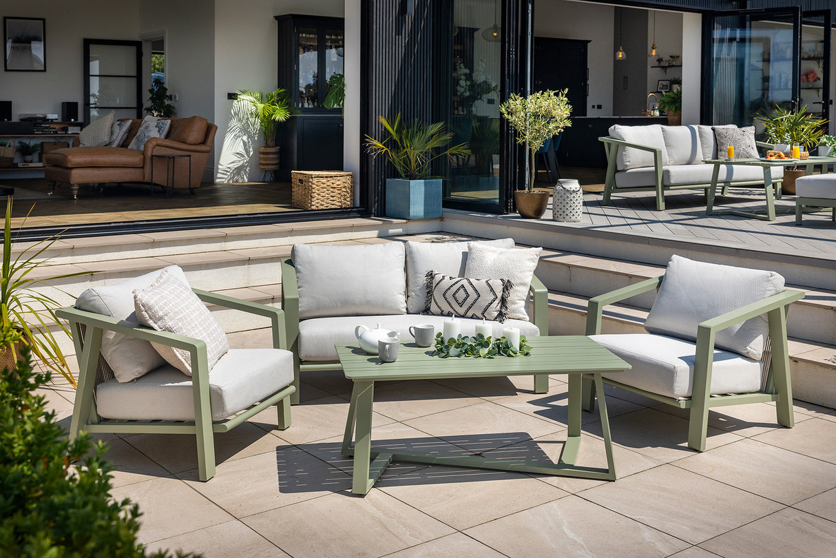 Hartman Alora 2-seat lounge set in sage aluminum for garden, featuring modern metal lounge and sofa design with cushions.