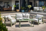 Hartman Alora 2-seat lounge set in sage aluminum for garden, featuring modern metal lounge and sofa design with cushions.