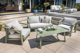 Hartman Alora 2-seat lounge set with sage green aluminum frame and cushions, outdoor garden furniture for relaxing in the garden.