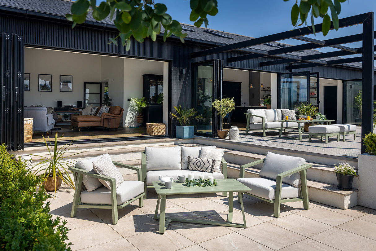 Hartman Alora 2-seat lounge set in sage aluminum garden furniture with cushions, outdoor metal sofa for relaxing in the garden.