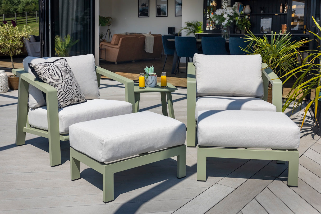 Hartman Alora companion set with two chairs and footstools in sage aluminum rope garden furniture, suitable for outdoor patio use.