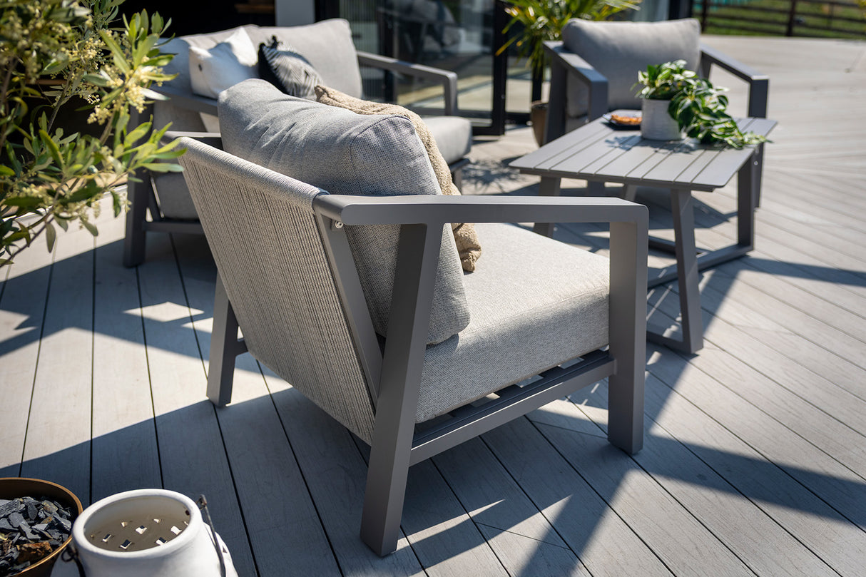 Hartman Alora 2-seat lounge set in taupe with metal frame, outdoor furniture for relaxing and entertaining.