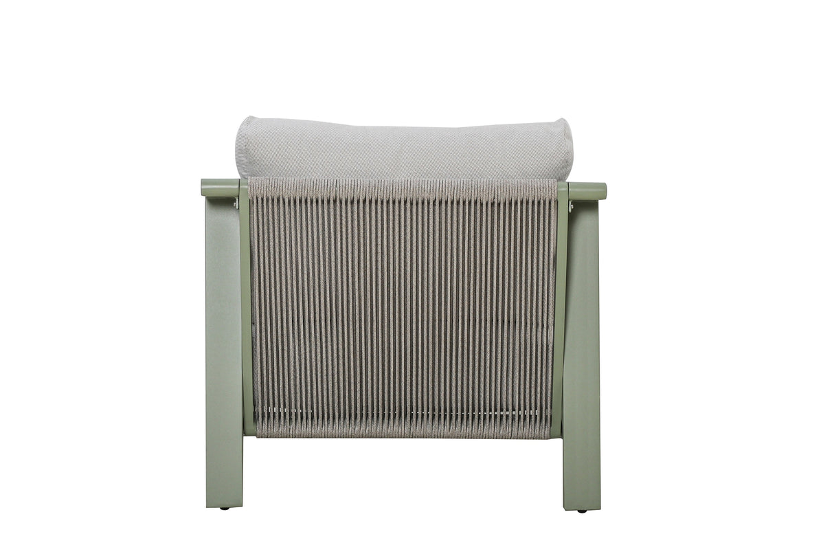 Hartman Alora companion set with footstools in sage aluminium rope garden furniture, showing lounge chairs from the back.