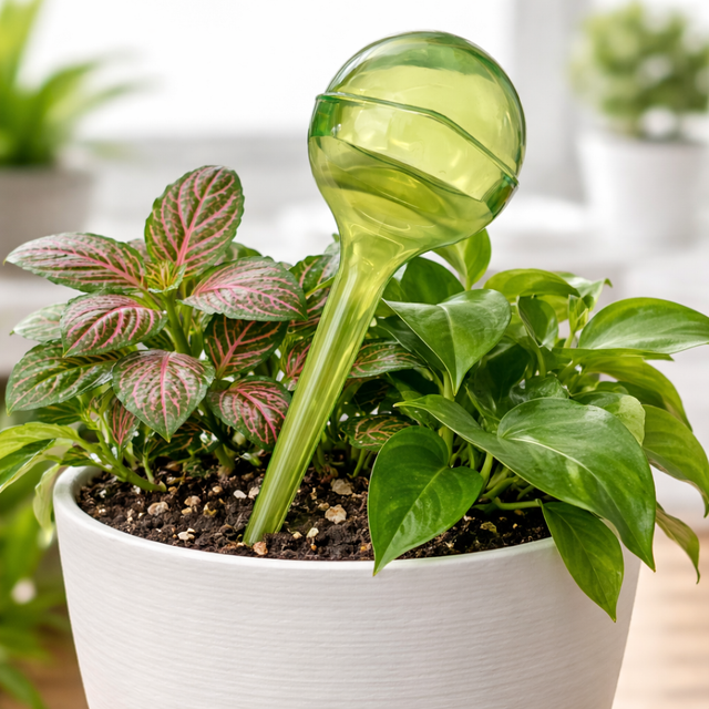 Pair of Aqua Globe automatic plant watering globes by Creative Products, showing clear glass globes inserted into potted indoor plants.