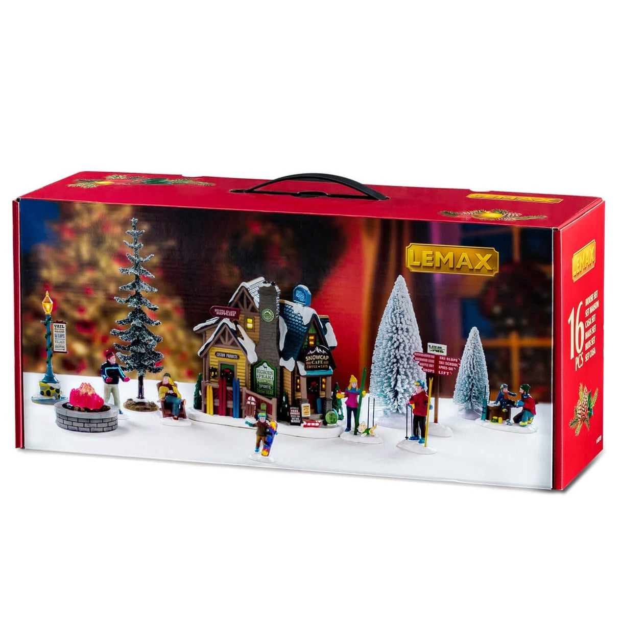 Lemax illuminated building featuring Bighorn Peak Mountain Sports snow gear set, detailed holiday village display with snowy mountain scene.