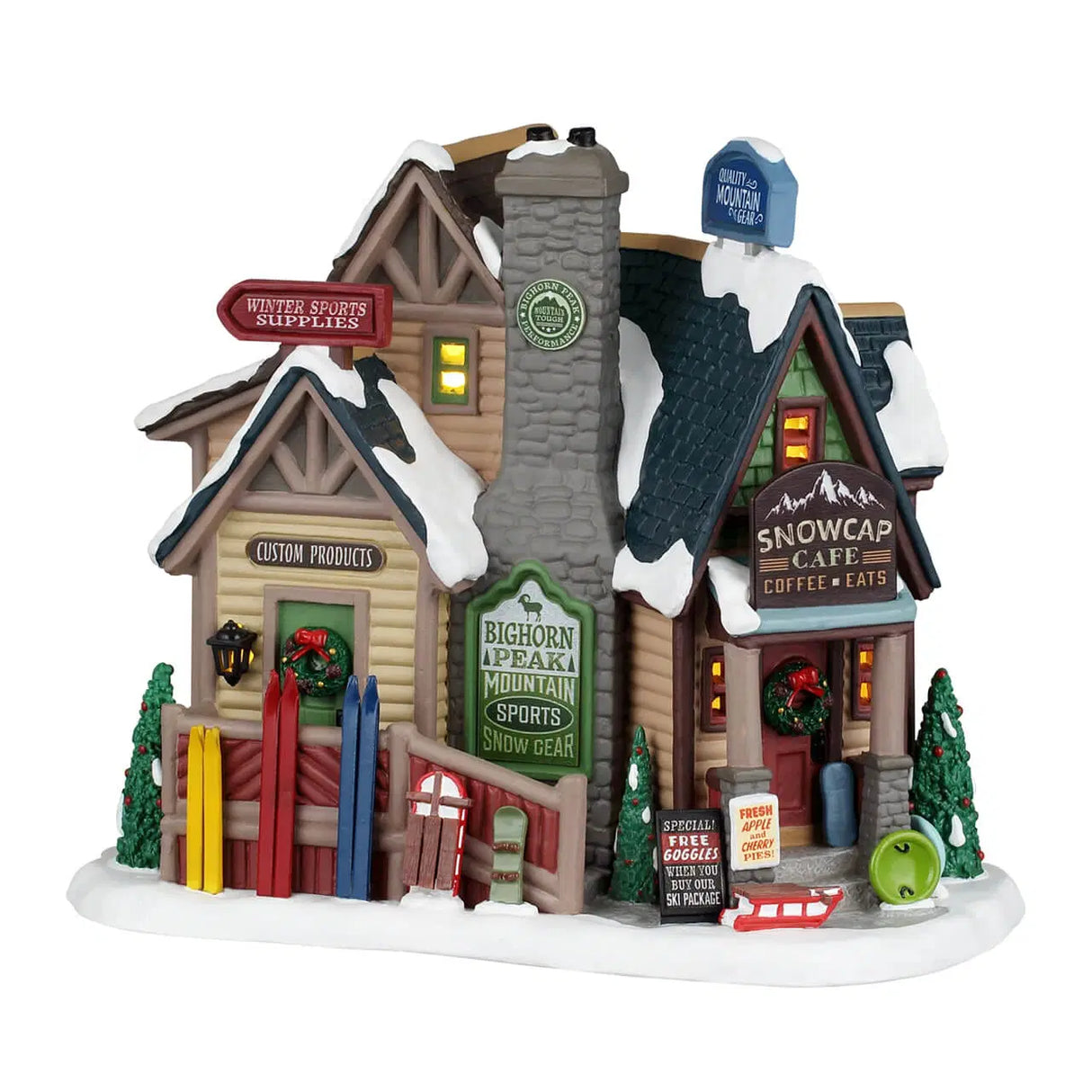 Lemax illuminated Bighorn Peak Mountain Sports snow gear building for Christmas Village, detailed winter scene with lights and festive decor.