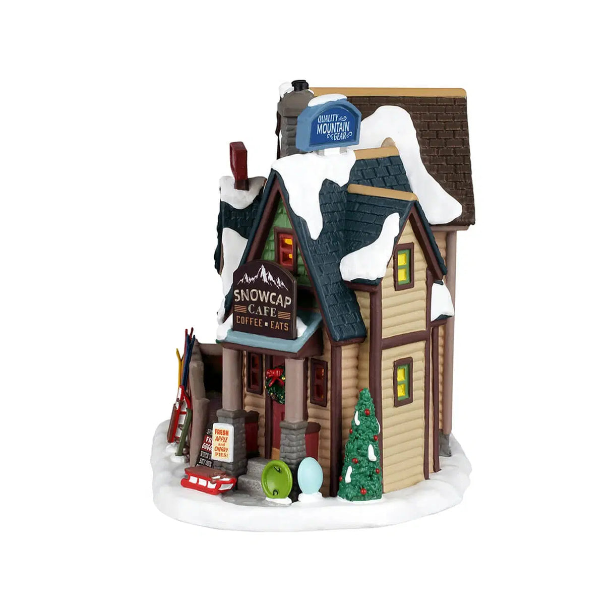 Lemax illuminated building featuring Bighorn Peak Mountain Sports snow gear shop with mountain scene and festive holiday lighting.