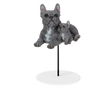 Blue French Bulldog resin ornament with a pup and plant pal, detailed outdoor home decor by Vivid Arts.