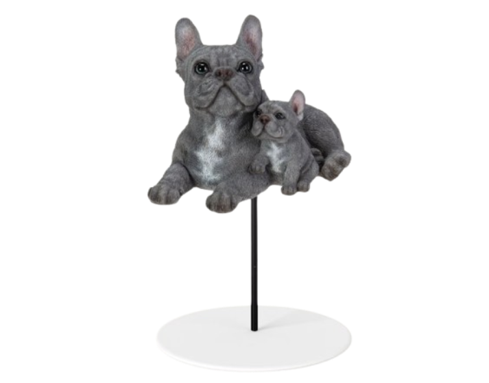 Blue French Bulldog resin ornament with a pup and plant pal, detailed outdoor home decor by Vivid Arts.