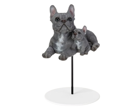 Blue French Bulldog resin ornament with a pup and plant pal, detailed outdoor home decor by Vivid Arts.