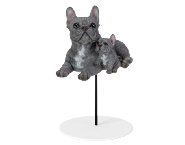 Blue French Bulldog resin ornament with a pup and plant pal, detailed outdoor home decor by Vivid Arts.