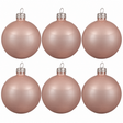 Set of six blush pink enamel mouthblown glass Christmas baubles with silver caps, perfect for festive tree decorations.